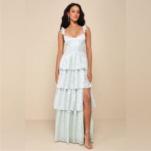 Lulus Stunning Glory Floral Jacquard Tiered Maxi Dress in Sage Green